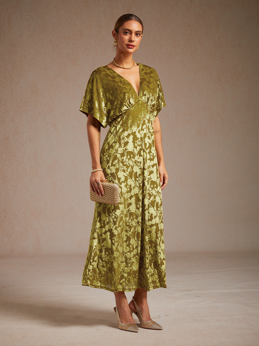 V-Neck Velvet Floral Maxi Dress