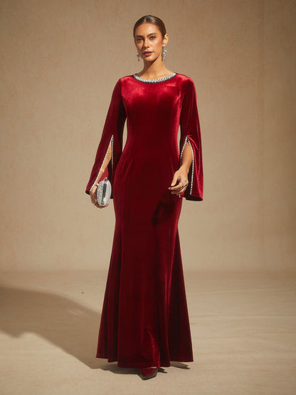 Velvet Evening Gown with Beaded Trim Detail