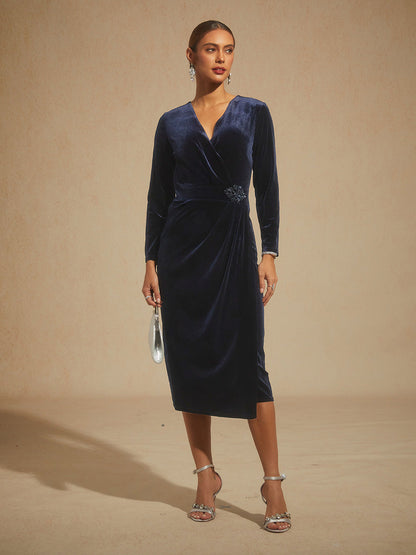Velvet Sheath Midi Dress with Embellishment Detail