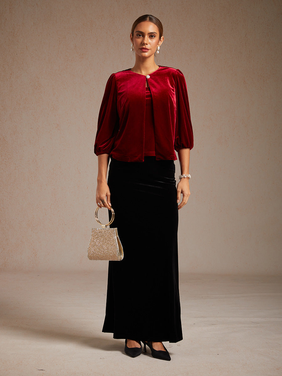 Velvet Puff Sleeves Twinset with Embellished Neckline Closure