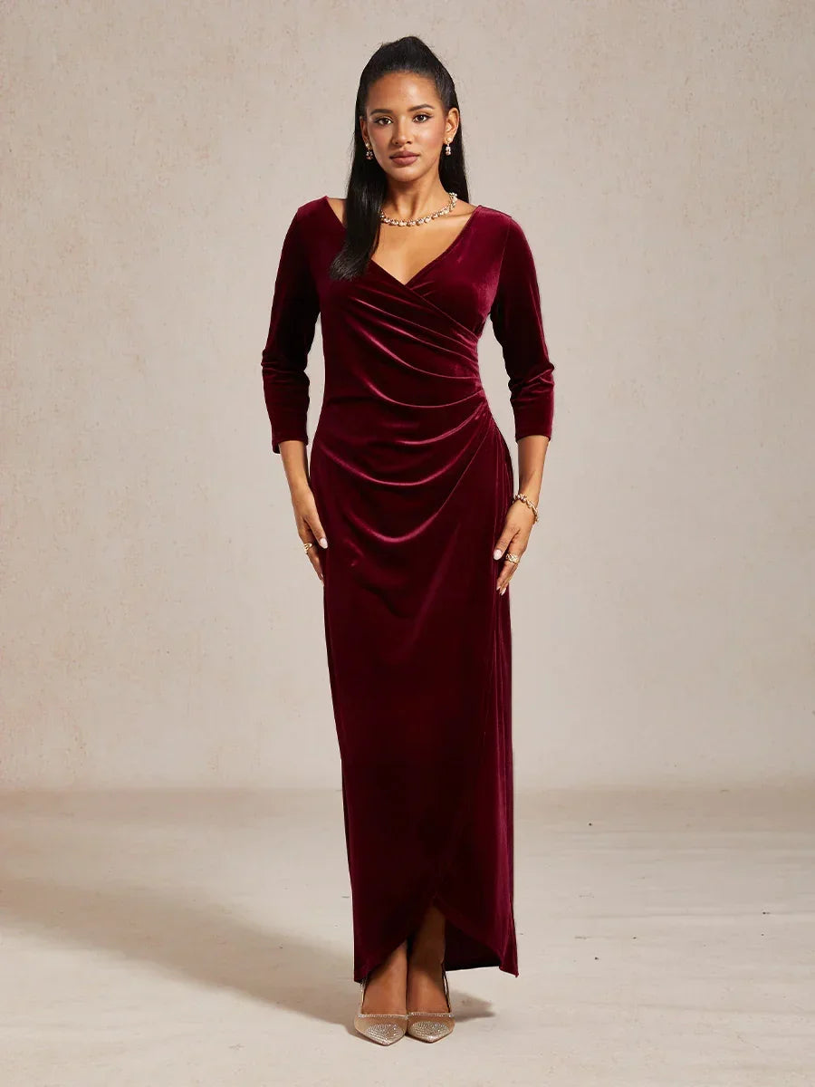 Long Stretch Velvet Evening Dress with 3/4 Sleeves