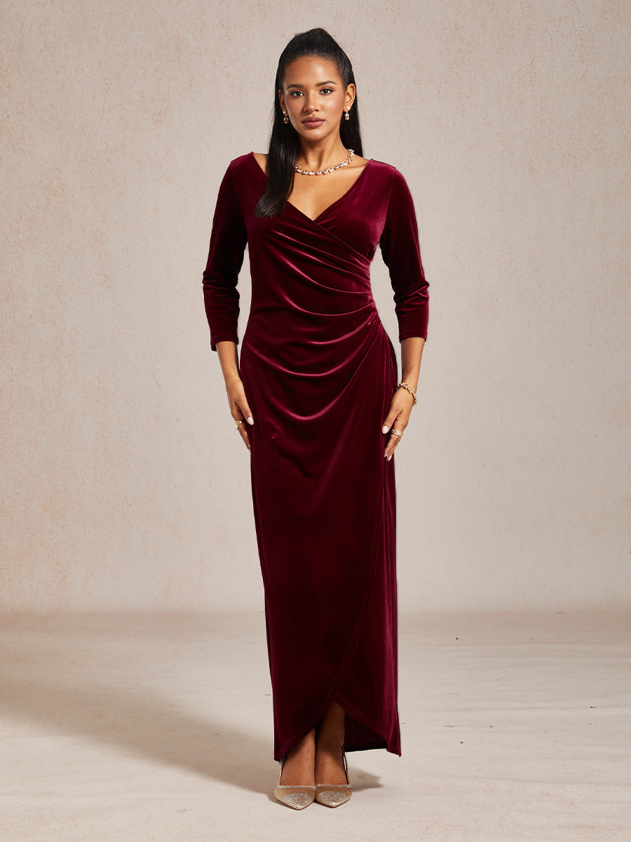 Long Stretch Velvet Evening Dress with 3/4 Sleeves