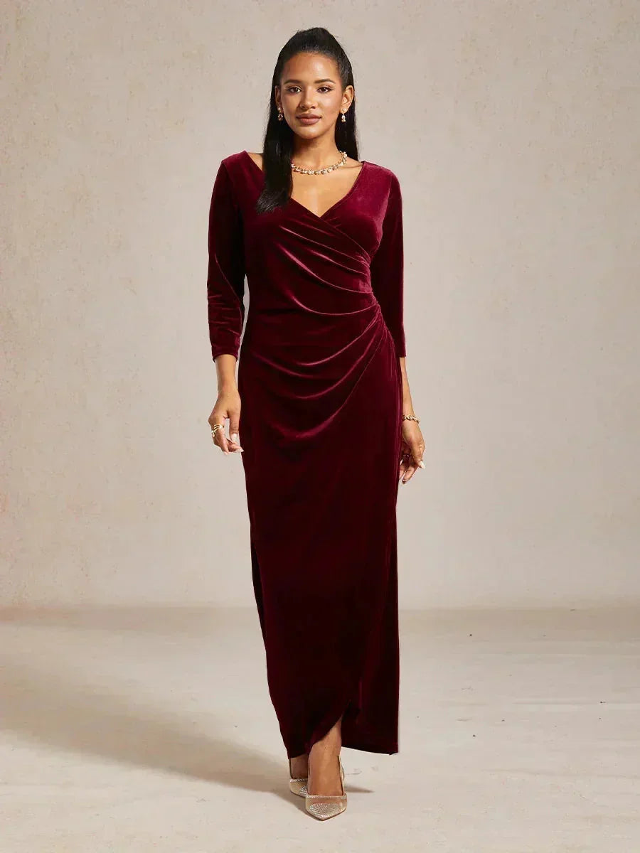Long Stretch Velvet Evening Dress with 3/4 Sleeves