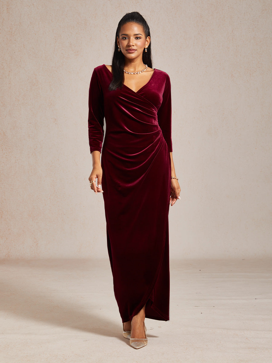 Long Stretch Velvet Evening Dress with 3/4 Sleeves