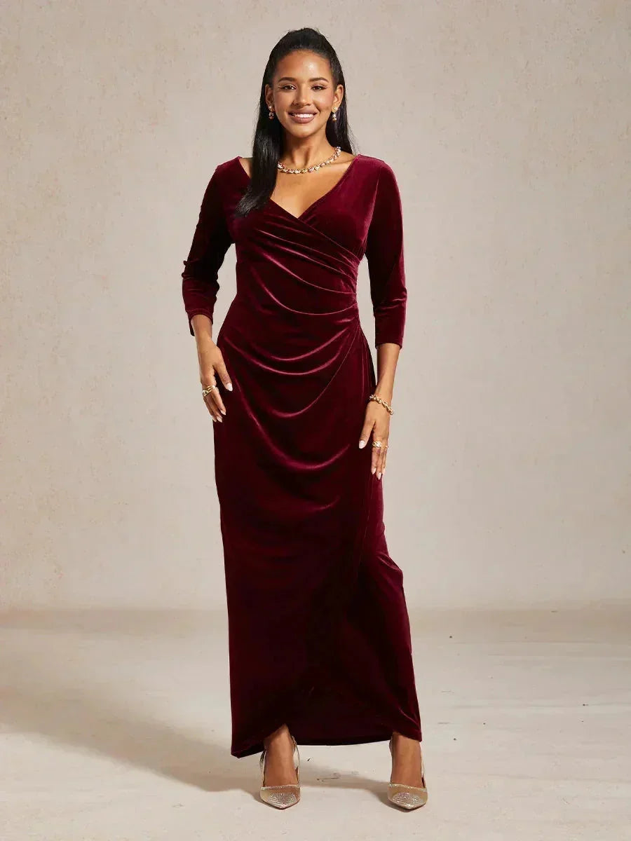 Long Stretch Velvet Evening Dress with 3/4 Sleeves