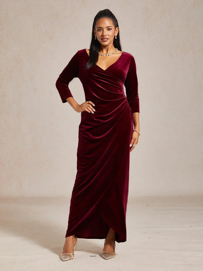 Long Stretch Velvet Evening Dress with 3/4 Sleeves