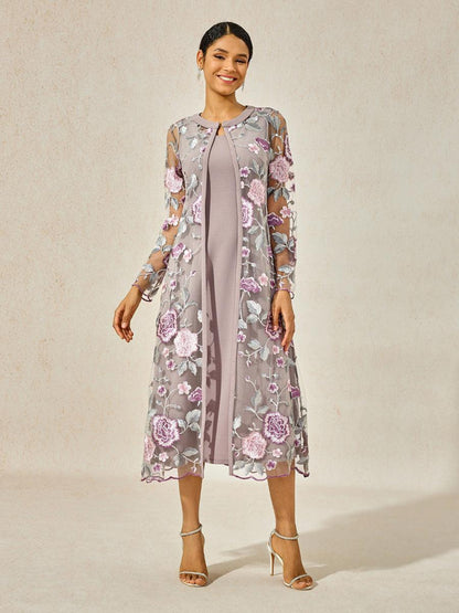 Mesh Lace Embroidered Floral Dress Set