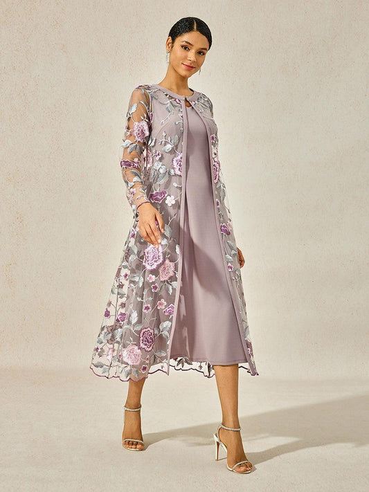 Mesh Lace Embroidered Floral Dress Set