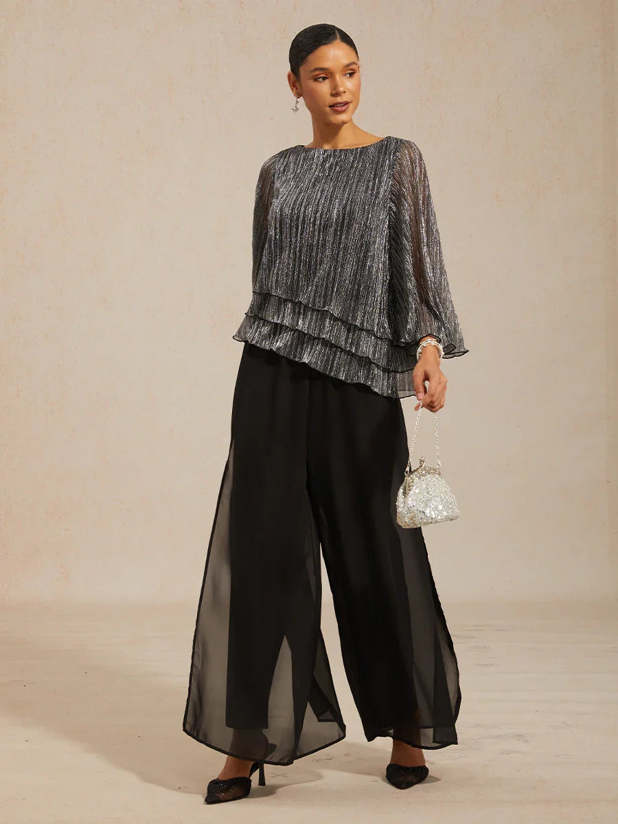 Metallic Pleated Chiffon Asymmetrical Layered Blouse