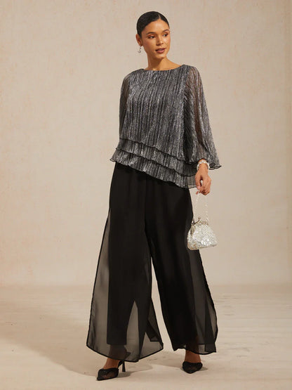 Metallic Pleated Chiffon Asymmetrical Layered Blouse