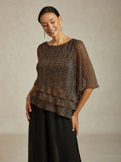Metallic Pleated Chiffon Asymmetrical Layered Blouse