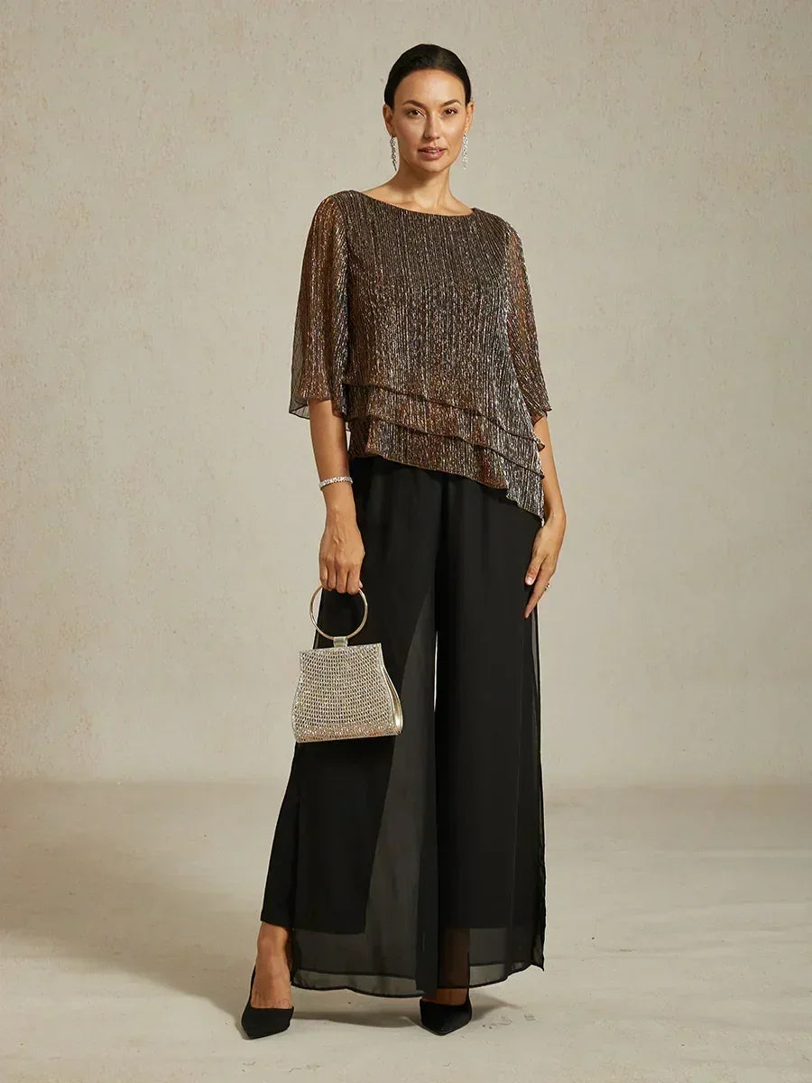 Metallic Pleated Chiffon Asymmetrical Layered Blouse