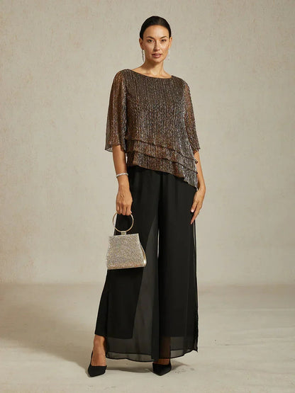 Metallic Pleated Chiffon Asymmetrical Layered Blouse