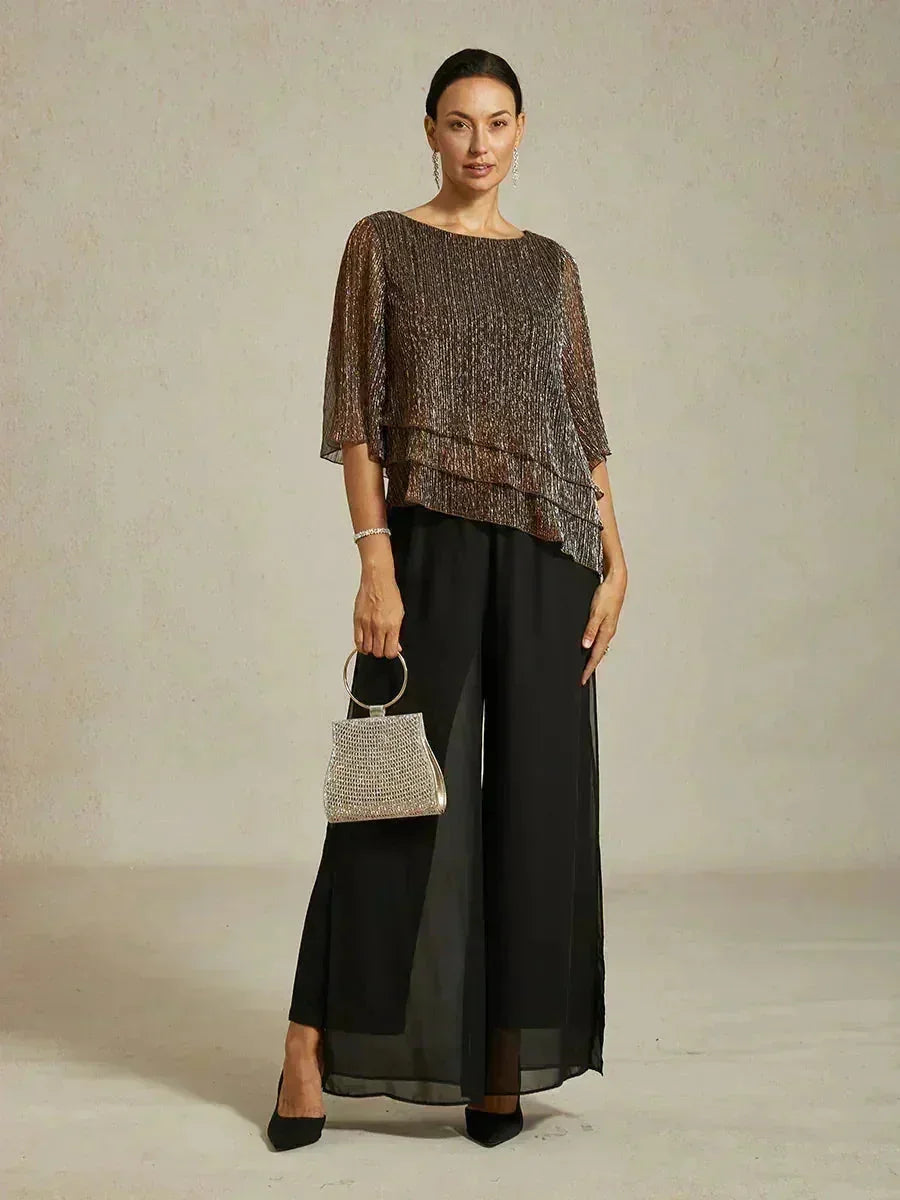 Metallic Pleated Chiffon Asymmetrical Layered Blouse