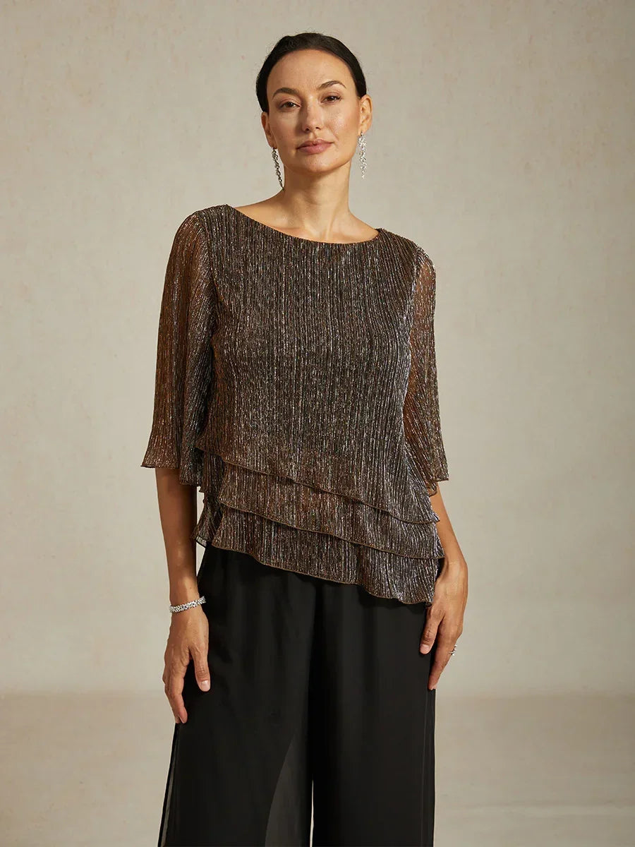 Metallic Pleated Chiffon Asymmetrical Layered Blouse