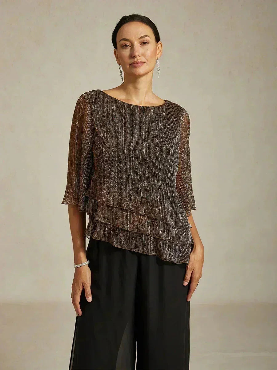 Metallic Pleated Chiffon Asymmetrical Layered Blouse