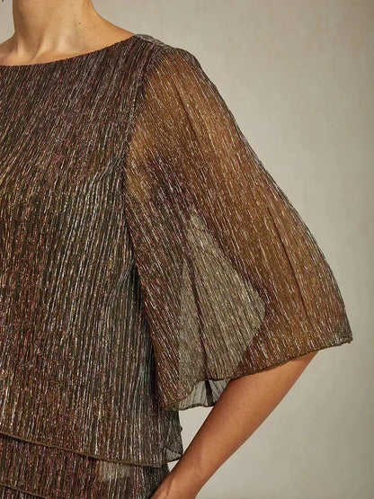 Metallic Pleated Chiffon Asymmetrical Layered Blouse