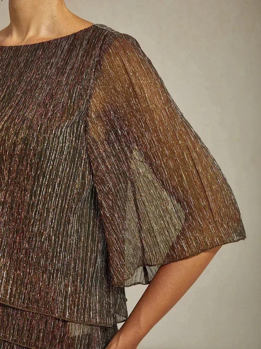 Metallic Pleated Chiffon Asymmetrical Layered Blouse