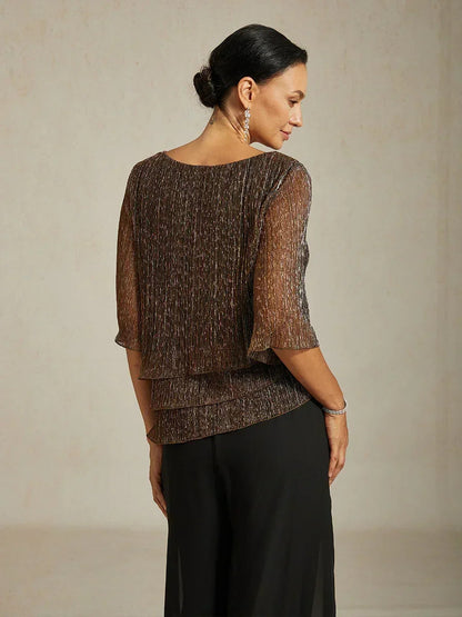 Metallic Pleated Chiffon Asymmetrical Layered Blouse