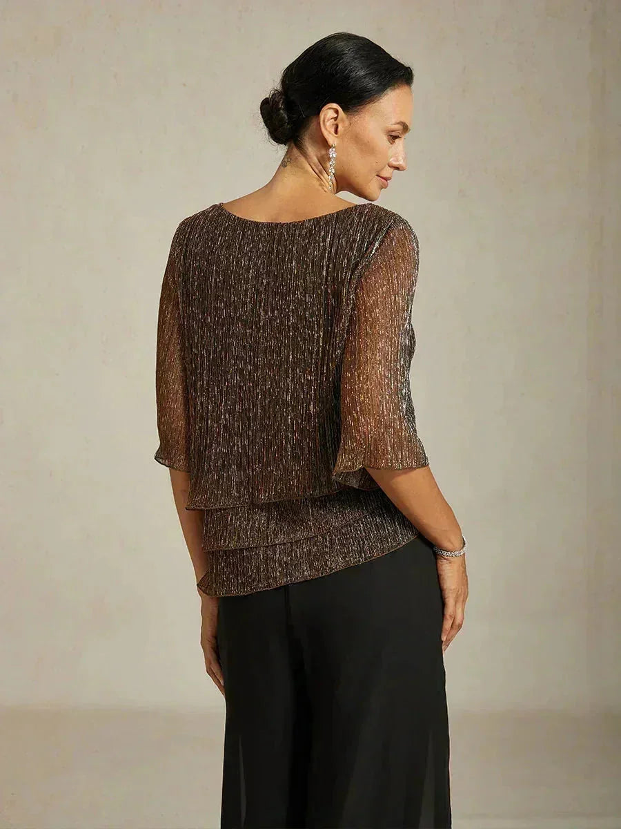 Metallic Pleated Chiffon Asymmetrical Layered Blouse