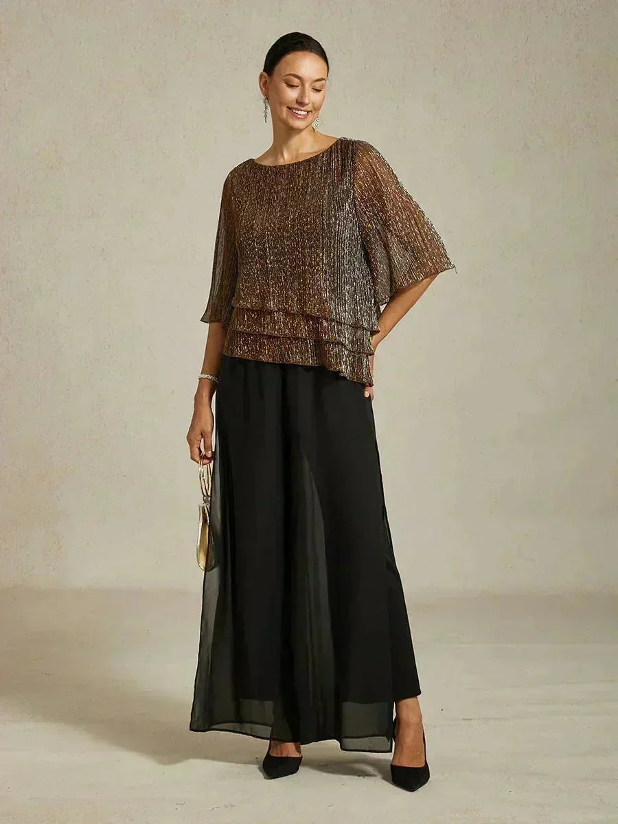 Metallic Pleated Chiffon Asymmetrical Layered Blouse