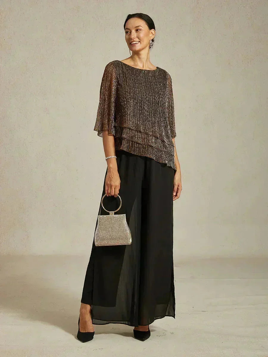 Metallic Pleated Chiffon Asymmetrical Layered Blouse