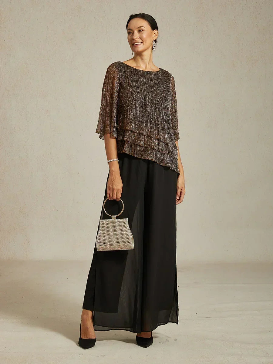 Metallic Pleated Chiffon Asymmetrical Layered Blouse