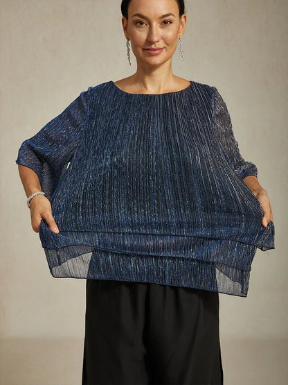 Metallic Pleated Chiffon Asymmetrical Layered Blouse