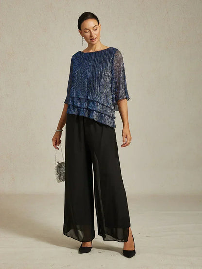 Metallic Pleated Chiffon Asymmetrical Layered Blouse