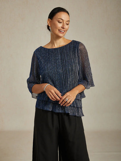 Metallic Pleated Chiffon Asymmetrical Layered Blouse