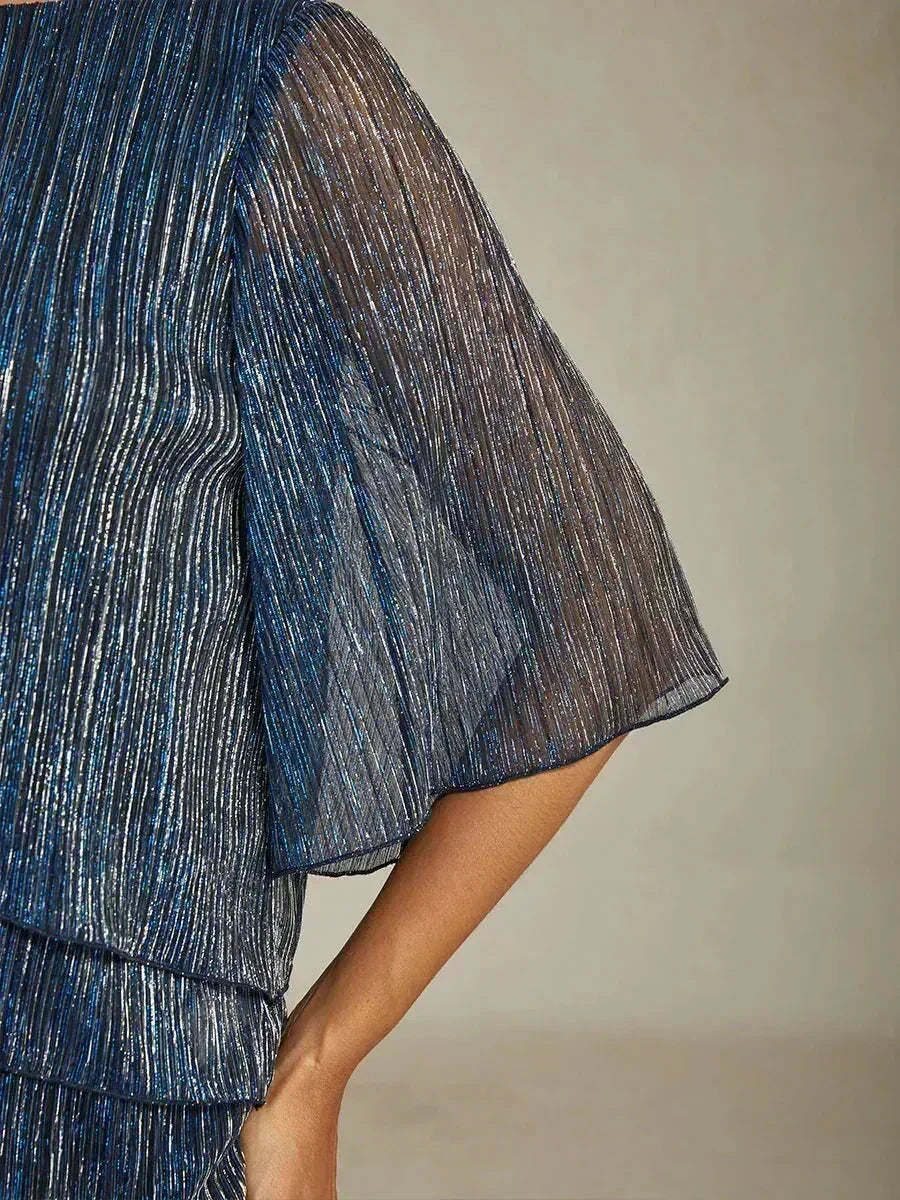 Metallic Pleated Chiffon Asymmetrical Layered Blouse