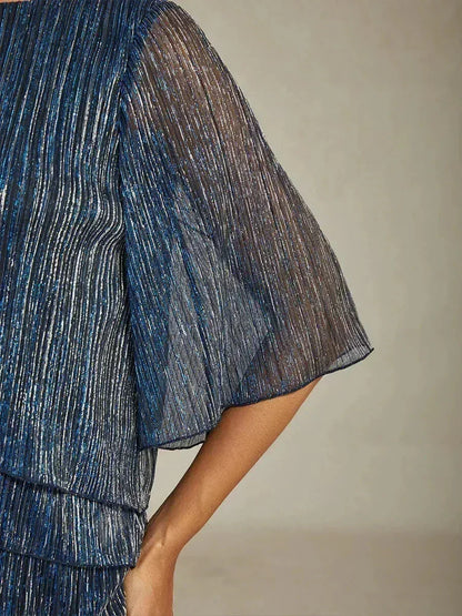 Metallic Pleated Chiffon Asymmetrical Layered Blouse