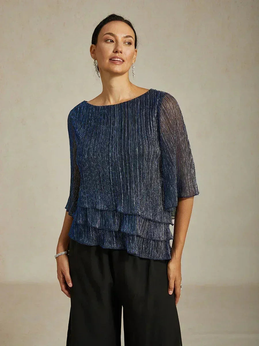 Metallic Pleated Chiffon Asymmetrical Layered Blouse