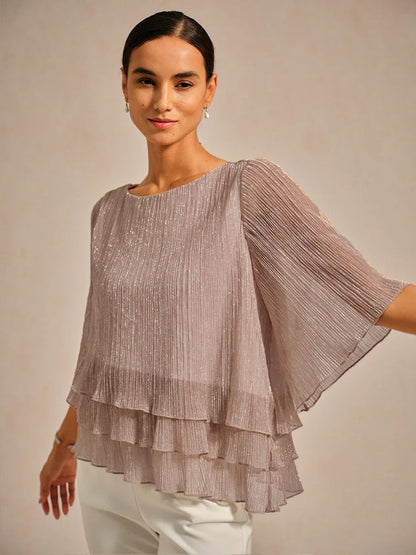 Metallic Pleated Chiffon Asymmetrical Layered Blouse