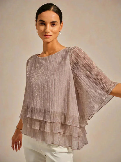 Metallic Pleated Chiffon Asymmetrical Layered Blouse