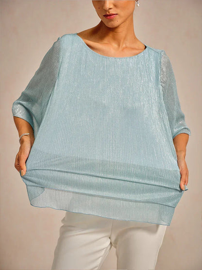 Metallic Pleated Chiffon Asymmetrical Layered Blouse