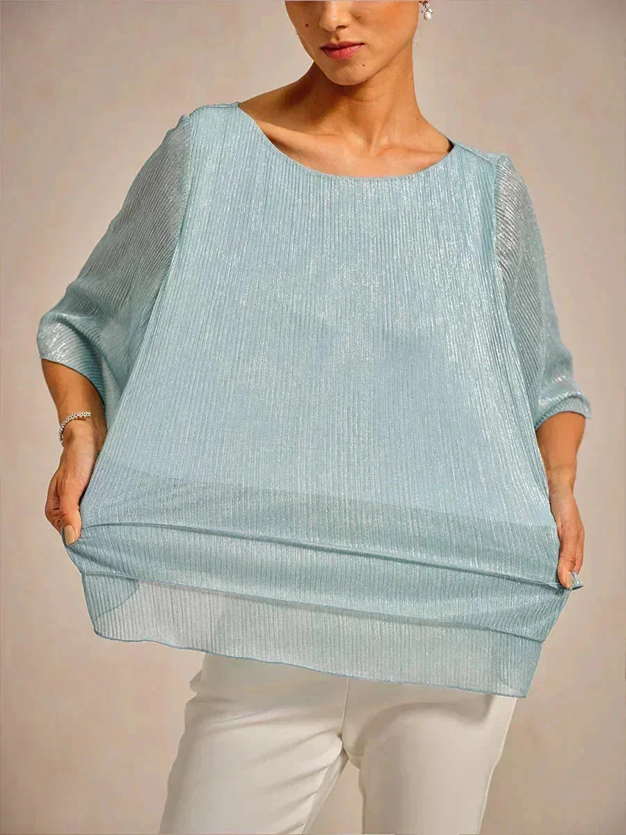 Metallic Pleated Chiffon Asymmetrical Layered Blouse