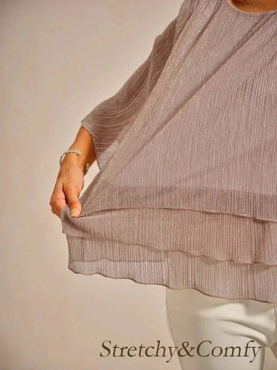 Metallic Pleated Chiffon Asymmetrical Layered Blouse