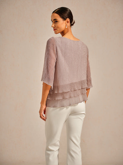 Metallic Pleated Chiffon Asymmetrical Layered Blouse