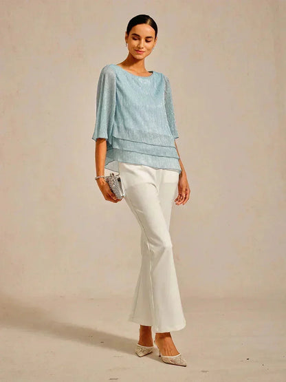 Metallic Pleated Chiffon Asymmetrical Layered Blouse