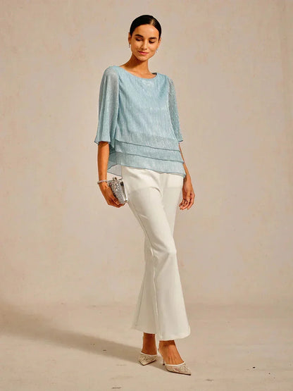 Metallic Pleated Chiffon Asymmetrical Layered Blouse