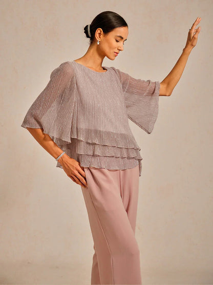 Metallic Pleated Chiffon Asymmetrical Layered Blouse