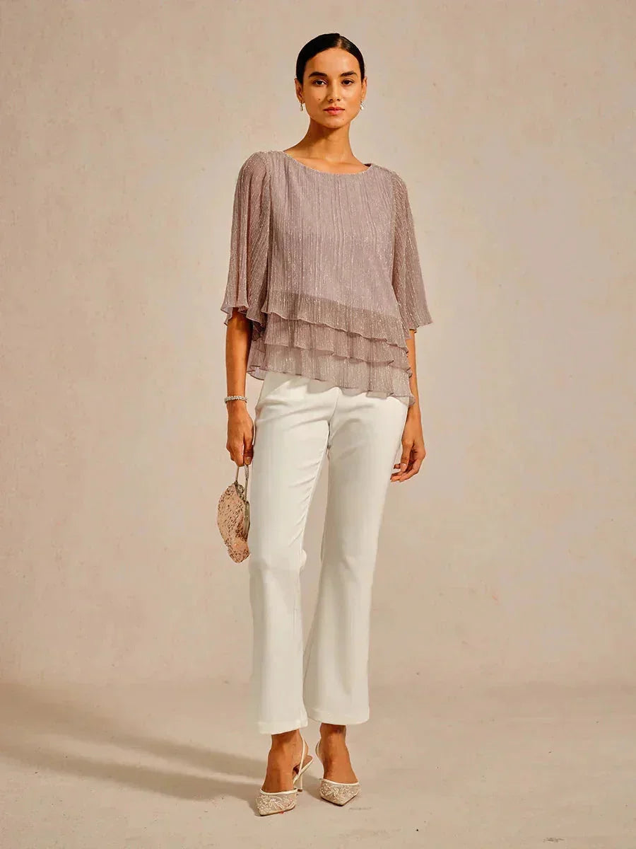 Metallic Pleated Chiffon Asymmetrical Layered Blouse
