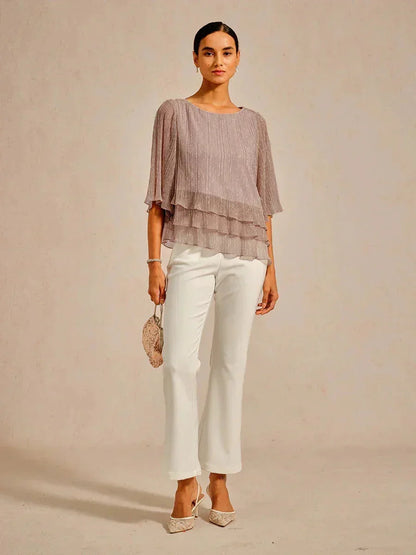 Metallic Pleated Chiffon Asymmetrical Layered Blouse