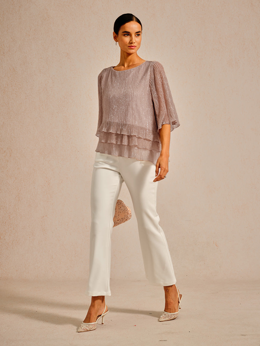 Metallic Pleated Chiffon Asymmetrical Layered Blouse