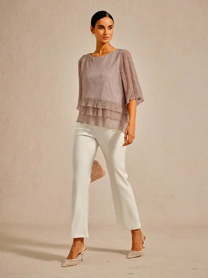 Metallic Pleated Chiffon Asymmetrical Layered Blouse