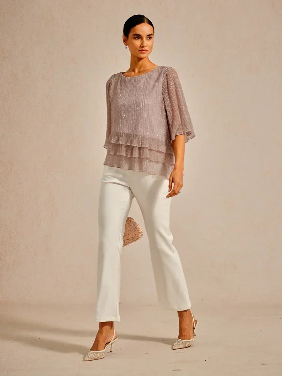 Metallic Pleated Chiffon Asymmetrical Layered Blouse
