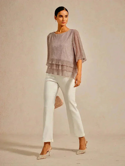 Metallic Pleated Chiffon Asymmetrical Layered Blouse