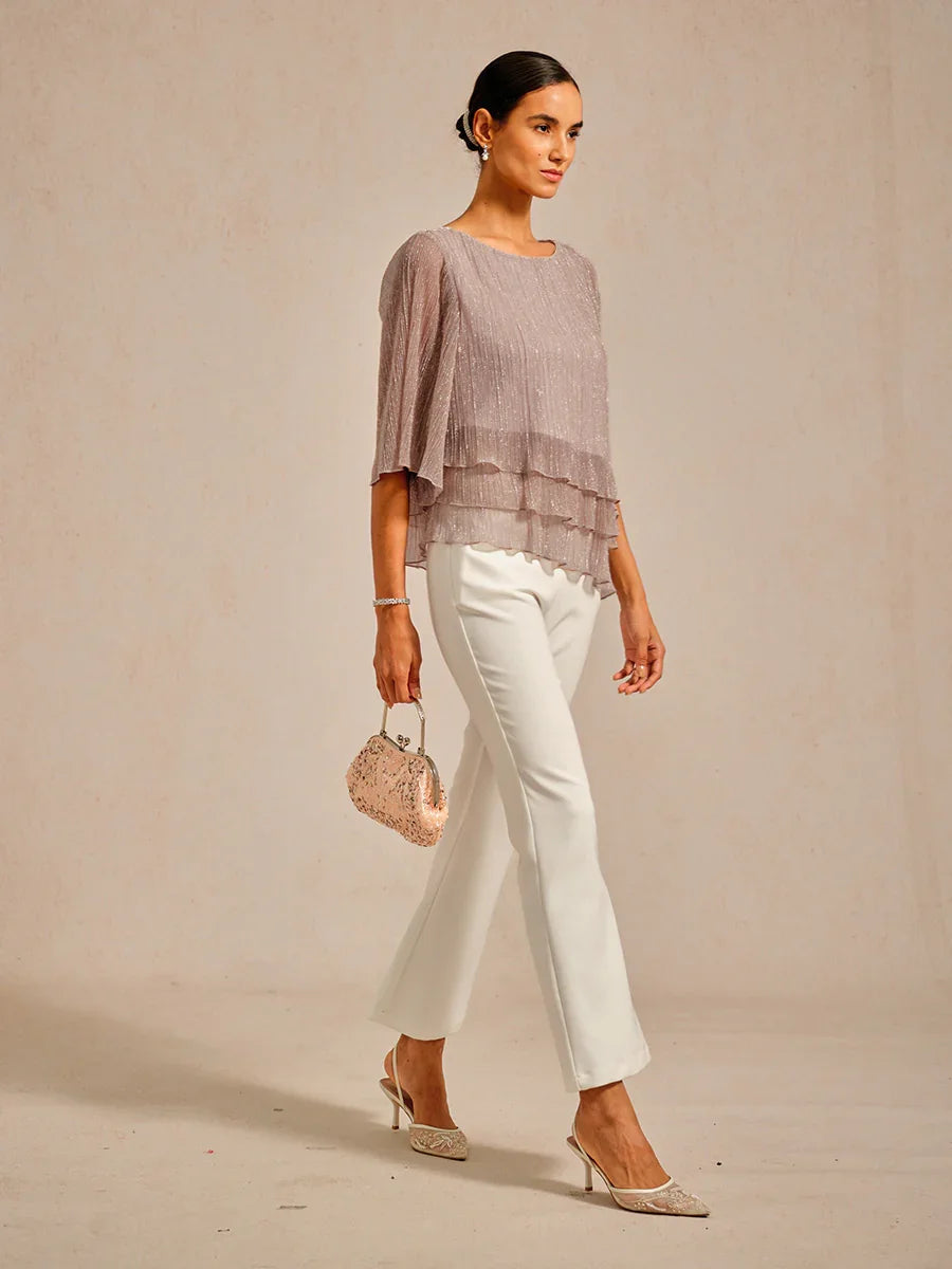Metallic Pleated Chiffon Asymmetrical Layered Blouse
