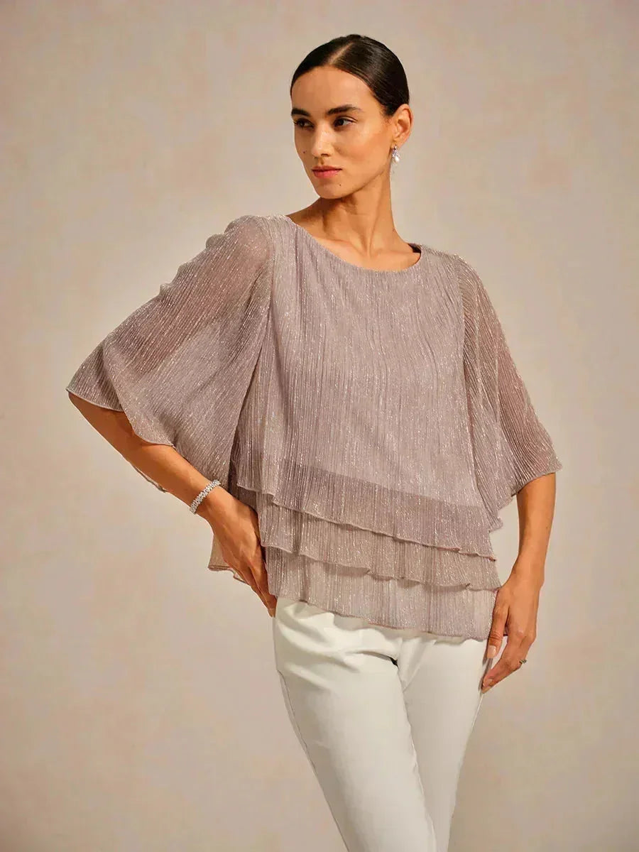 Metallic Pleated Chiffon Asymmetrical Layered Blouse